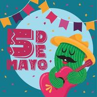 cartel de cinco de mayo con ilustración de vector de personaje de cactus lindo