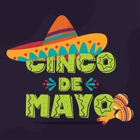 Afiche coloreado del cinco de mayo con sombrero y maracas ilustración vectorial vector