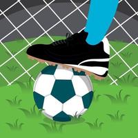 Soccer player foot with a ball in a field Vector illustration