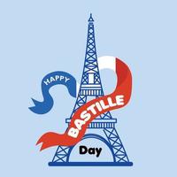 cartel de color del día de la bastilla torre eiffel con ilustración de vector de cinta