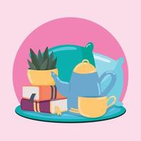 Books with pillows and teapot Hygge scenario Vector illustration