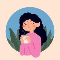 personaje de niña feliz bebiendo un café caliente hygge escenario vector ilustración