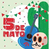 cartel de cinco de mayo con ilustración de vector de guitarra y esqueleto