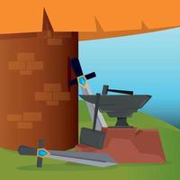 Anvil with different medieval weapons Forge landscape Vector illustration