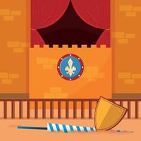 Escenario de arena medieval de color con ilustración de vector de escudos