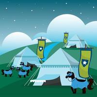 Group of medieval tents with horses medieval landscape Vector illustration