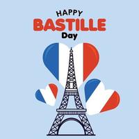 Colored bastille day poster Eiffel tower and heart shapes Vector illustration