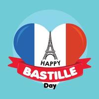 Colored happy bastille day poster Heart shape with famous landmark Vector illustration