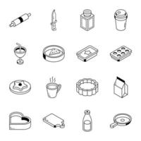 Set of Bakery Food Outline Isometric Icons vector