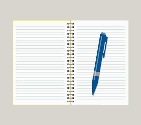 Open notebook with blue pen. Vector illustration