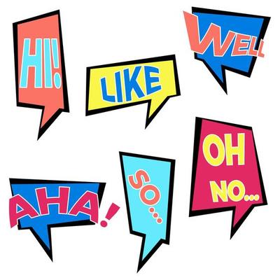 Set of six cartoon comic balloon speech bubbles in flat style. Elements of design comic books with different phrases. Vector illustration