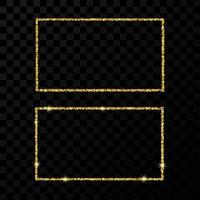 Gold rectangle frame. Two modern shiny frames with light effects isolated on dark transparent background. Vector illustration.