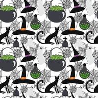 Scary vector Halloween seamless pattern. Pot with potion, spider's web background, cat, ghost, grave, bottle. Design for Halloween decor, textile, wrapping paper, wallpapers, sticker, greeting cards.