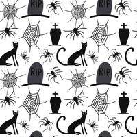 Doodle black vector Halloween seamless pattern. Grave, cat, spider's web, spider. Design for Halloween decor, textile, wrapping paper, wallpapers, sticker, greeting cards.