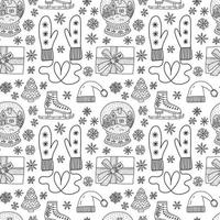 Doodle cute Christmas seamless pattern. Hand drawn winter mittens, glass snowball, winter hat, snowflakes and present box on white background vector