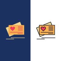 tarjeta amor corazón boda iconos plano y línea llena conjunto de iconos vector fondo azul