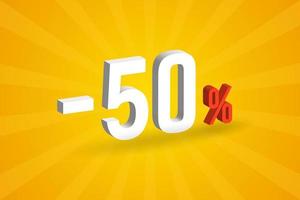 texto 3d de descuento negativo de 50 para ventas y promoción. vector