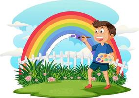 A boy painting rainbow vector