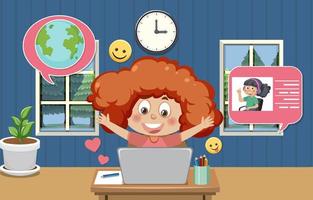 A girl learning online using laptop vector