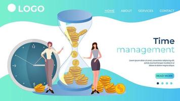 People and hourglasses.Time management.People on the background of a large clock, an hourglass with money.Effective workflow management.Time control.Landing page template.Flat vector illustration.