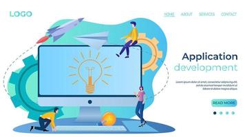 Application development.People develop applications for computers and mobile platforms.Programming and coding.The template of the landing page.Flat vector illustration.