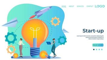 Start-up.Brainstorming and searching for ideas .People are jointly engaged in a new business.Teamwork and mutual assistance.The template of the landing page.Flat vector illustration.