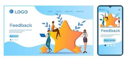 Feedback.The concept of public relations.Evaluation of the success rating.rating agency.People against the background of rating stars.The template of the landing page.Flat vector illustration.