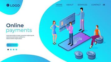 Online payments.The concept of secure money transfers online.People on the background of a smartphone and credit card.The template of the landing page.Isometric vector illustration.