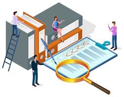 People are studying documents.Concept of office work.Teamwork office management.People sort out documents.Isometric vector illustration.