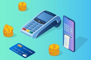 Payment using a payment terminal and smartphone.Concept of online payments transfers and purchases.Isometric vector illustration.