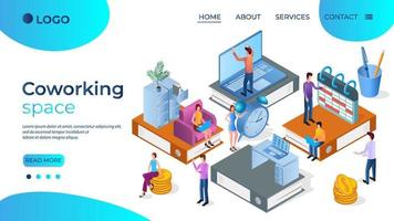 espacio de coworking. espacio de negocios para trabajadores de oficina. trabajo independiente y colaborativo. símbolo para la distribución de roles en el equipo. trabajo en equipo y gestión del tiempo. ilustración isométrica plana. vector