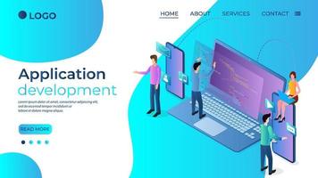 Application development.Web development and coding of programs.Developing a modern app design.Isometric vector illustration.The template of the landing page.