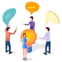 People discuss the problem.People exchange thoughts and discuss ideas.Brainstorming and searching for ideas.Sharing information and finding solutions to problems.Isometric vector illustration.