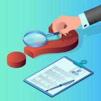 Hand on the background of a large question mark.Personnel selection.Concept of questions asked when applying for a job.Isometric vector illustration.