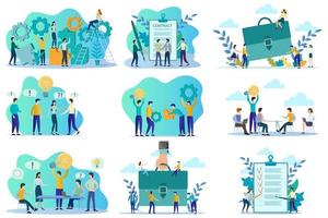 Business concept of teamwork and search for ideas.A set of illustrations on the topic of business brainstorming and teams.A set of flat vector illustrations isolated on a white background.