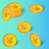 Set of gold Yen coins. Coins in different angles with shadows on a blue-green background.Can be used as design elements.Vector illustration. vector