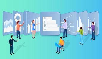 People study statistics.Businessmen study the infographic on the big screens.The concept of teamwork and data accounting.Business and project financing.Isometric vector illustration.