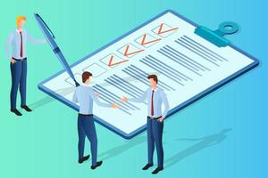 Businessmen are engaged in business negotiations.People in the background of a fountain pen and a list of tasks.The concept of teamwork and business relationships.Isometric vector illustration.