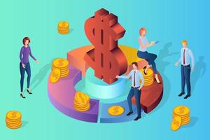 Business investment Analytics.People in the background of infographics are engaged in financial Analytics.Teamwork and collaboration.3D image.Isometric vector illustration.