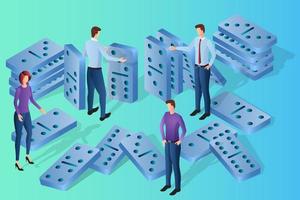 People and dominoes.Businessmen are engaged in placing dominoes.The concept of teamwork,joint search for solutions.3D image.Isometric vector illustration.