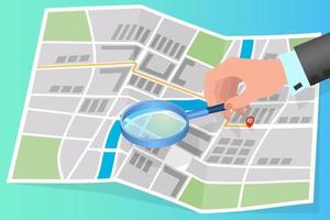 A person studies the map.A man using a magnifying glass examines the map.The concept of navigation positioning.Isometric vector illustration.