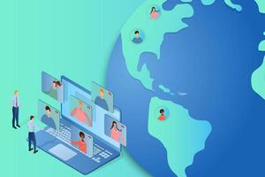 People communicate against the background of the globe.Modern technologies, online communication,remote work against the background of quarantine.Isometric vector illustration.