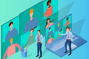 Online video conference.Concept of business negotiations online-educational scientific conference.People communicate with each other using an Internet connection.Isometric vector illustration.