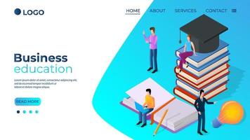 Business education. The concept of improving the skills of entrepreneurs.Level of education.People on the background of books.Isometric vector illustration.The template of the landing page.