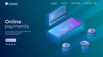 Online payments.E-wallet concept.Online payments using a smartphone.The template of the landing page.Isometric vector illustration.