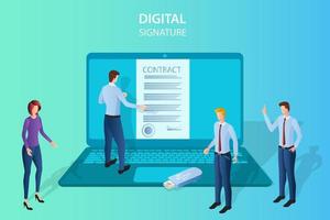 Businessmen sign the contract using an electronic signature.In the hands of businessmen flash drive and document.Business activity the concept of successful negotiations and agreements.Flat vector