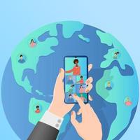 A businessman holds an online video conference using a smartphone.Hands of a person with a smartphone on the background of the planet Earth.modern technologies remote work and freelancing. vector