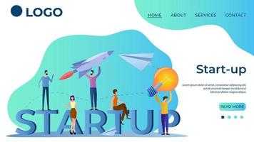 Start-up.Brainstorming and searching for ideas .People are jointly engaged in a new business.Teamwork and mutual assistance.The template of the landing page.Flat vector illustration.