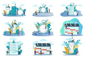 Time-management.A set of illustrations with controls and time control.Scheduling tasks schedule tasks start of new projects system and reconciliation of hours.Vector illustrations  white background. vector