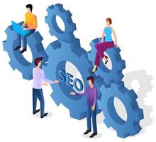 People and gears.The concept of teamwork and SEO promotion.Brainstorming and searching for ideas.Business mechanism.Isometric vector image of teamwork.Vector illustration.